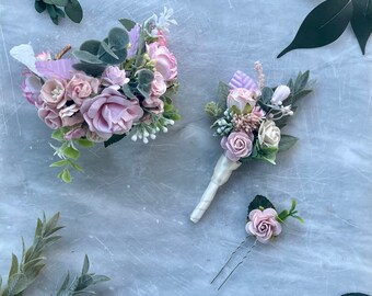 blush pink white flower wrist corsage and boutionierre set prom hair pin