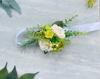 Corsage and boutionierre set Green and white flower prom corsage wedding