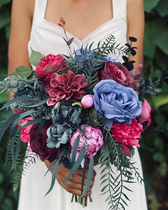 Jewel-tone Wedding Bouquet Emerald Green Pink Blue Fuchsia Flowers