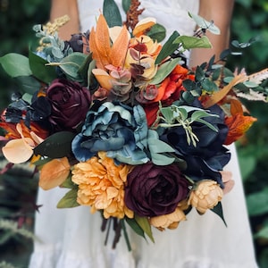 Jewel tone wedding bouquet Teal blue orange rust burgundy fall wedding Bouquet