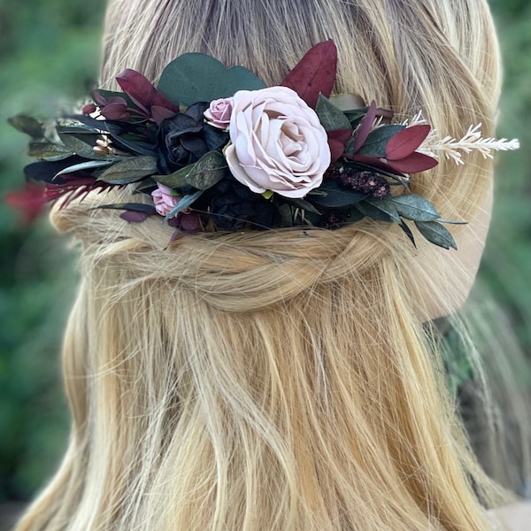 Moody wedding burgundy black flower hair comb