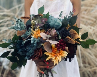 Teal blue rust terracotta brown wedding bouquet, Faux bouquet, Fall wedding, Boho wedding, Orange white rustic bouquet