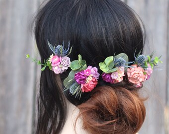 Jewel tone wedding hair pin set blue magenta fuchsia coral thistle flower hair pins