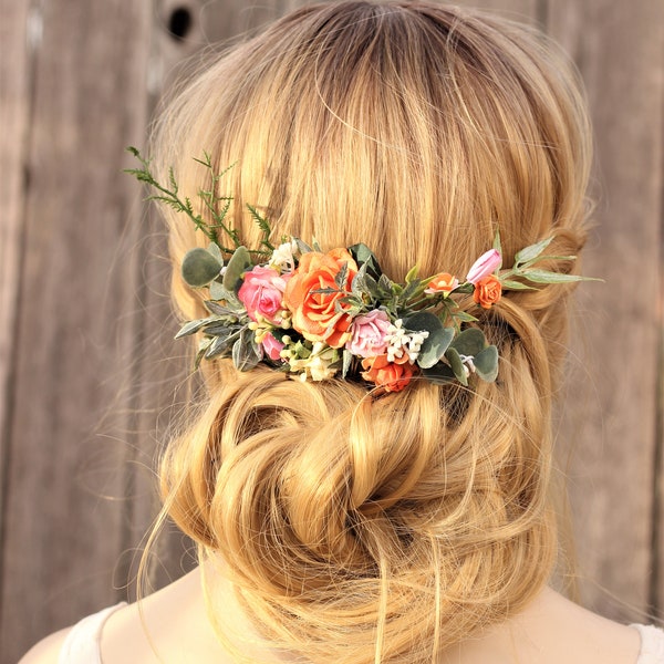 Orange coral peach flower hair piece greenery