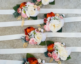 flower wrist corsage burnt orange blush ivory white fall wedding