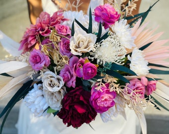 Jewel tone Fuchsia pink beige wedding bouquet artificial faux silk emerald flower bouquet tropical colorful wedding
