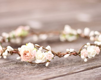 Flower crown boho, Blush and Ivory Wedding Flower Crown, Flower Girl Hair crown, Champagne Rose Wedding