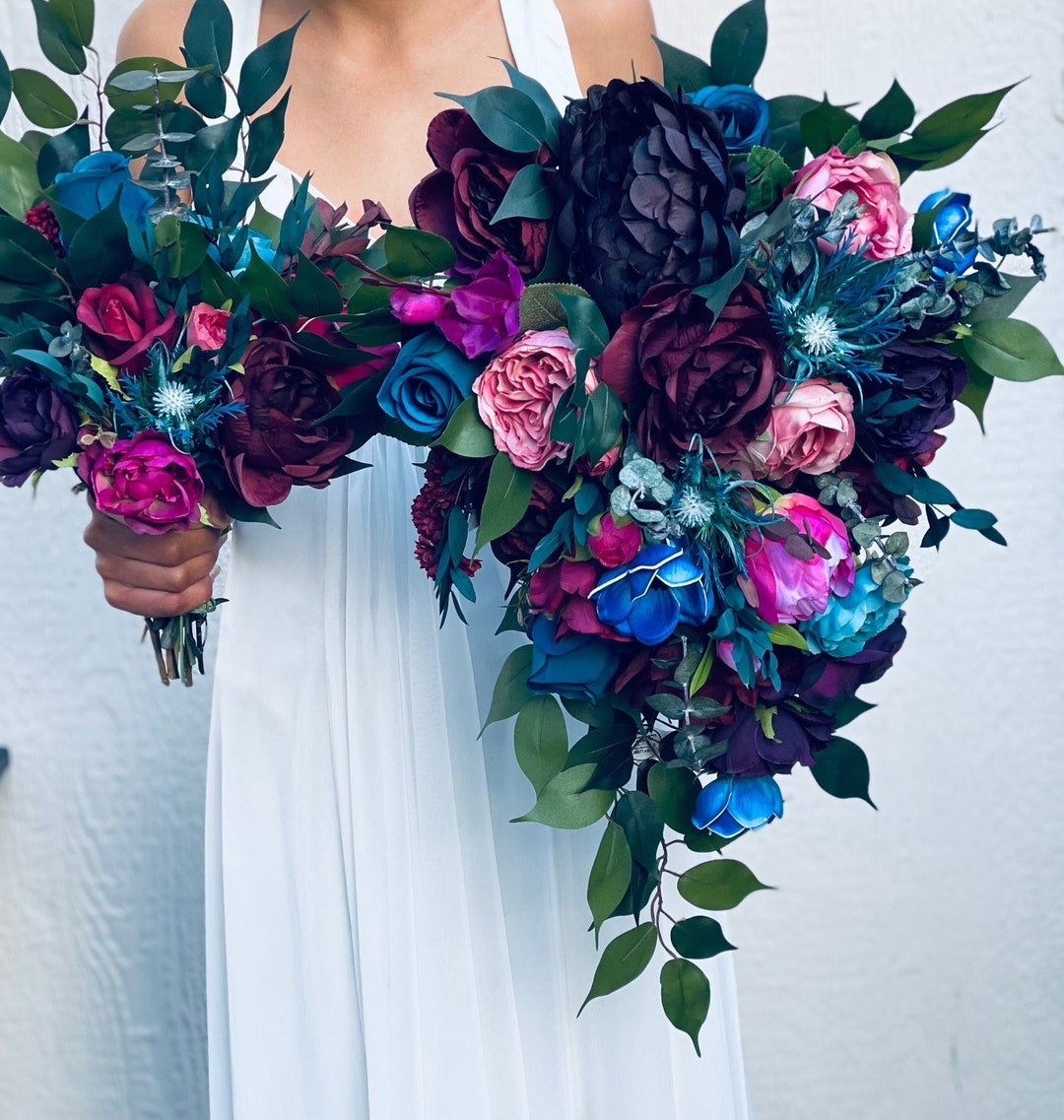 Moody Jewel Tone Cascading Teal Blue Bouquet Fuchsia Purple Wedding 