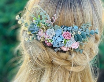 Wedding flower comb, Dried floral hair comb dusty blue blush mauve wedding hair piece, Babies breath eucalyptus wedding comb