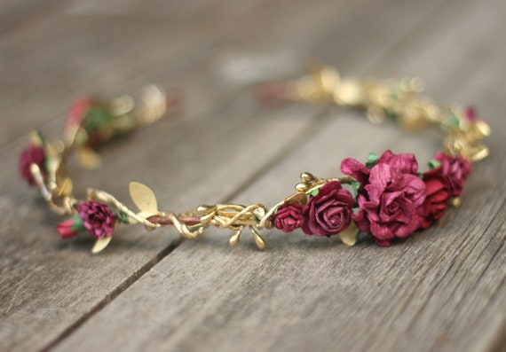 Rose Gold Floral Crown Burgundy Red Gold Flower Crown Floral Crown Wedding Gold Headpiece Rustic Wedding Gold Berry Hair Piece Wedding