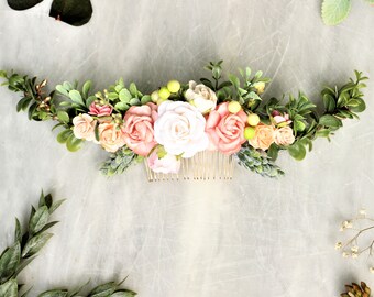 Peach Ivory blush flower comb for hair, Eucalyptus hair vine coral, Wedding hair piece greenery comb