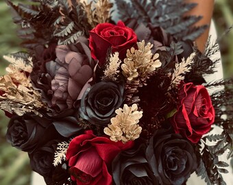 Deep purple black gold flowers bouquet | Fall faux bridal bouquet | wedding Halloween | Moody boho wedding Silk flowers