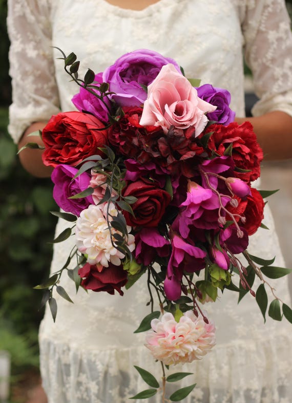Red Magenta Blush Pink Jewel Tone Cascading Bouquet Artificial