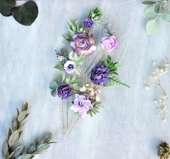 purple flower hair pins