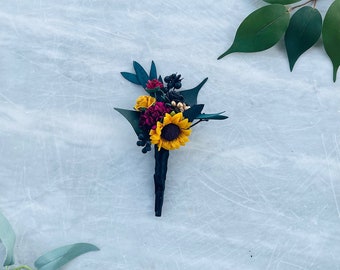Sunflower burgundy red black gold boutionierre groom mens lapel pin wedding