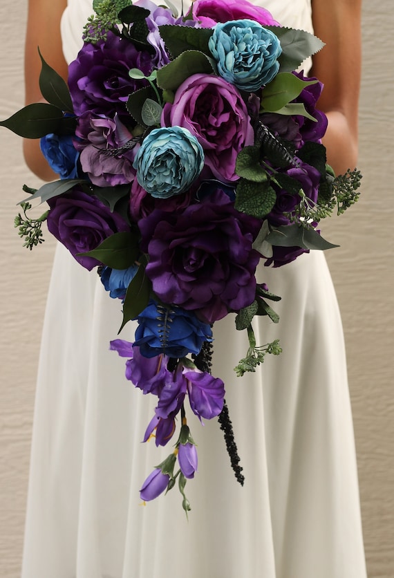 Jewel-tone wedding flowers cascading bouquet deep purple teal blue emerald  flowers moody Bridal wedding