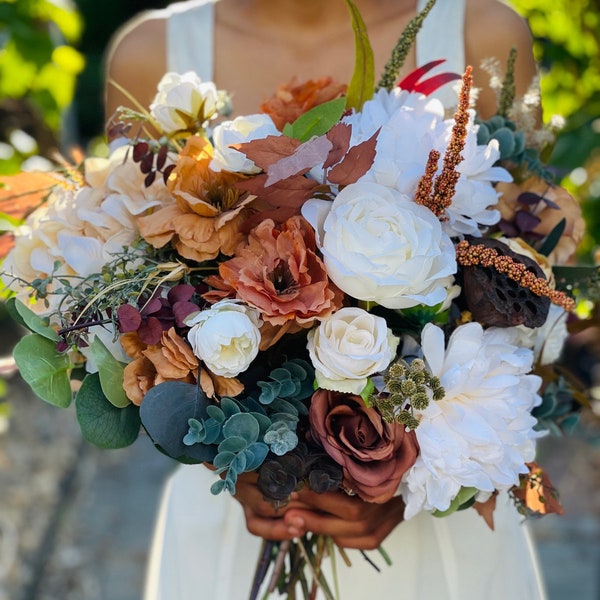 Fall wedding flowers rust orange terracotta bouquet, Faux silk boho fall beige white flowers