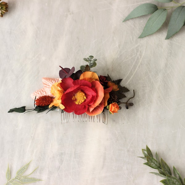 Peach red orange wedding jewel-tone hair comb