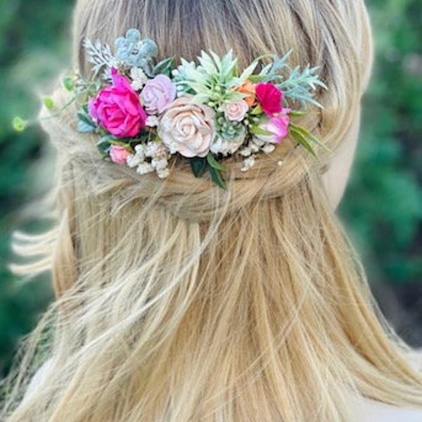 Hot pink blush white floral comb