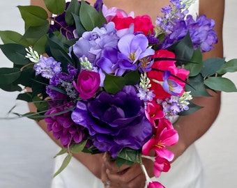 Jewel tone flowers Hot pink fuchsia magenta purple wedding bouquet artificial faux silk flower bouquet colorful lilac wedding