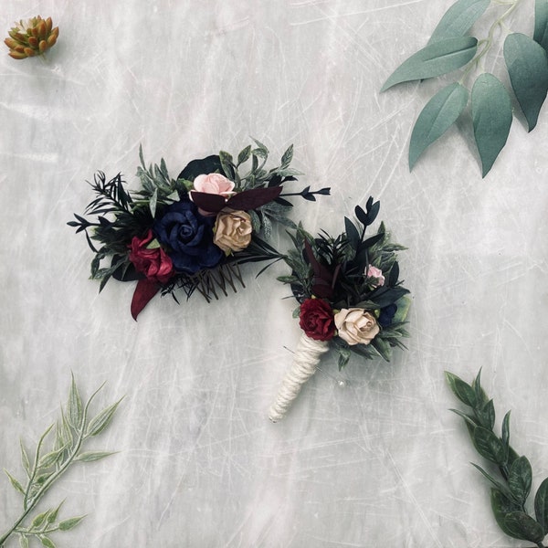 Burgundy navy blush beige boho wedding flower hair comb, Halloween floral hair comb, Preserved Eucalyptus moody hair piece