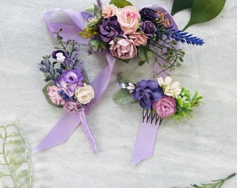 Prom corsage and boutionierre set purple Corsage, Flower wrist corsage Lavender lilac hair comb
