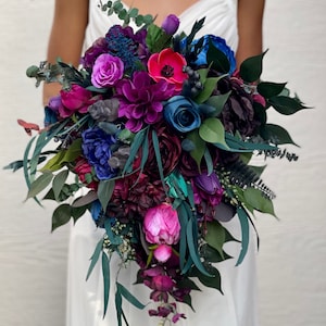 Jewel-tone wedding purple magenta teal flowers Bridal bouquet emerald green moody wedding