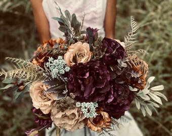 Fall wedding bouquet plum purple beige brown, Winter wedding, Artificial silk flowers