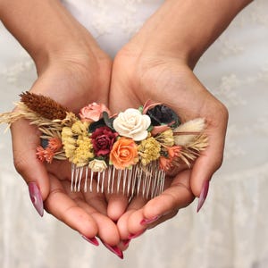 Boho fall wedding dried flower hair comb orange yellow burgundy floral hair comb preserved greenery