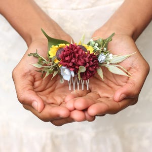 Burgundy and sunflower small hair comb fall hair piece greenery
