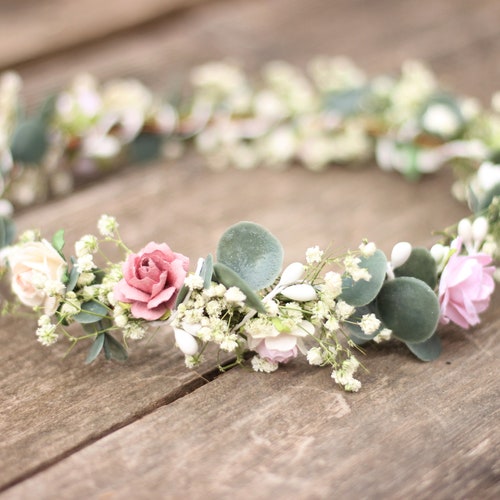 Eucalyptus Babies Breath Flower Crown Dusty Blush Flower Etsy
