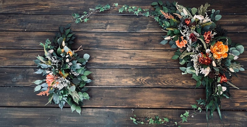 Wedding arch arbor flowers, Arch swag, Fall wedding flowers, Wedding Flower arrangement greenery rust orange image 1