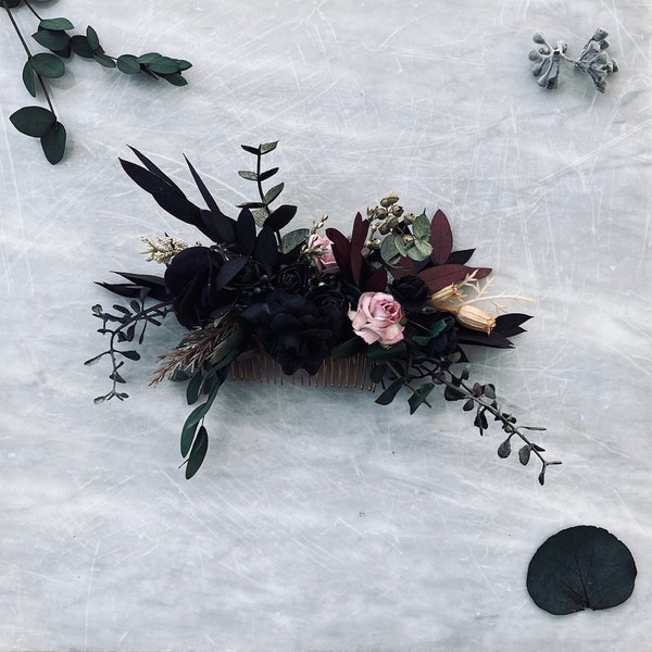 Black blush purple dried flower comb, Moody black wedding floral hair comb, burgundy mauve