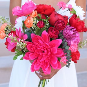 Hot pink fuchsia red orange wedding bouquet artificial faux silk flower bouquet tropical colorful wedding