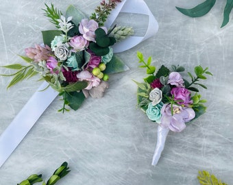 Lilac mint magenta flower Prom Corsage and boutionierre set purple wrist bracelet ribbon tie on
