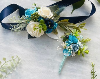 Navy blue teal mint white corsage and boutionierre set wedding wrist corsage