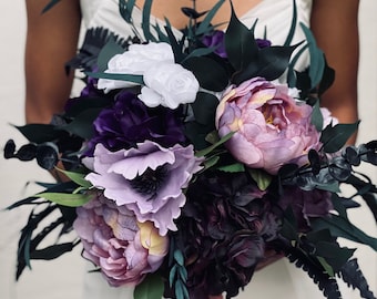 Jewel tone wedding flowers deep purple lavender white black bouquet