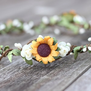 Sunflower floral crown, Ivory greenery Wedding flower crown, Boho floral crown