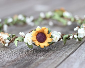 Sunflower floral crown, Ivory greenery Wedding flower crown, Boho floral crown