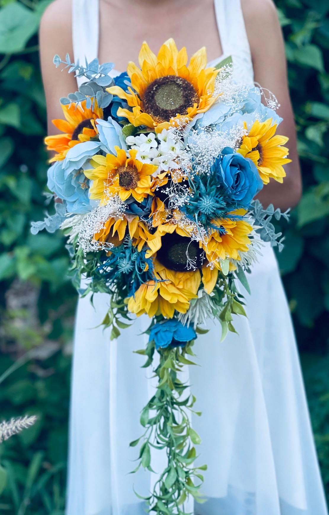 blue bridesmaid dresses with sunflowers 13 inch wide Sunflowers Terracotta Cascading Bridal Bouquet main image 1