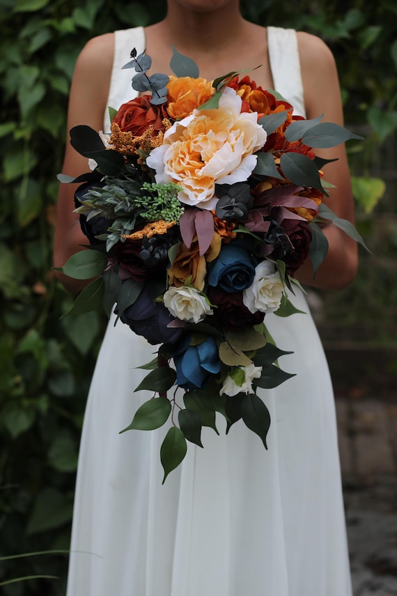 navy blue bridesmaid dresses with orange flowers 9.4 inch wide Navy Blue & Burnt Orange Bridesmaid Bouquet main image 0