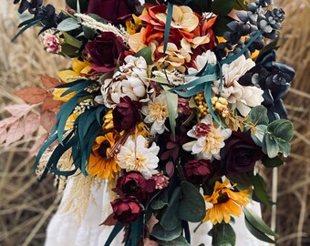 Large Cascading bouquet burgundy sunflower navy cream fall bouquet