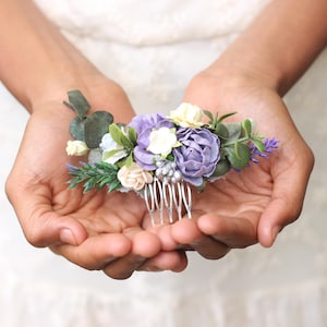 Purple cream blush wedding comb greenery eucalyptus hair piece