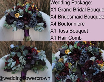 Jewel tone flowers plum purple teal blue burgundy wedding bouquet package