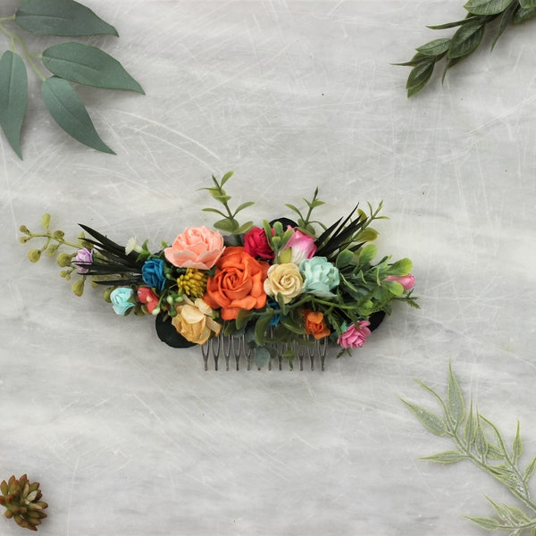 Peach orange blue flower comb for wedding