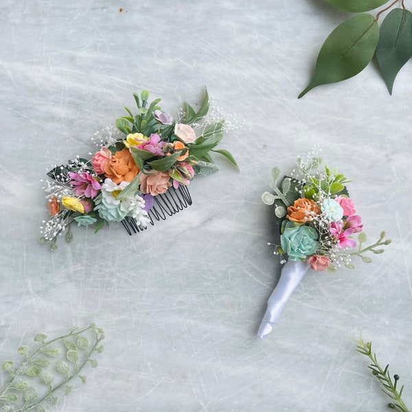 Wildflower pink orange yellow coral mint boutonniere Jewel tone spring wedding groomsmen preserved lapel dried bridal comb