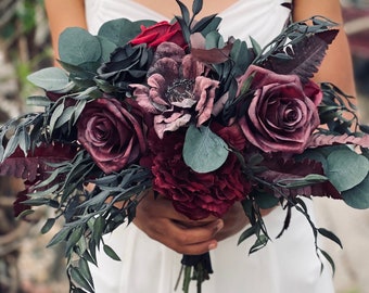 Deep plum purple black red wedding bouquet | Jewel- tone wedding | Moody Wedding Silk flowers | Black cascading bouquet