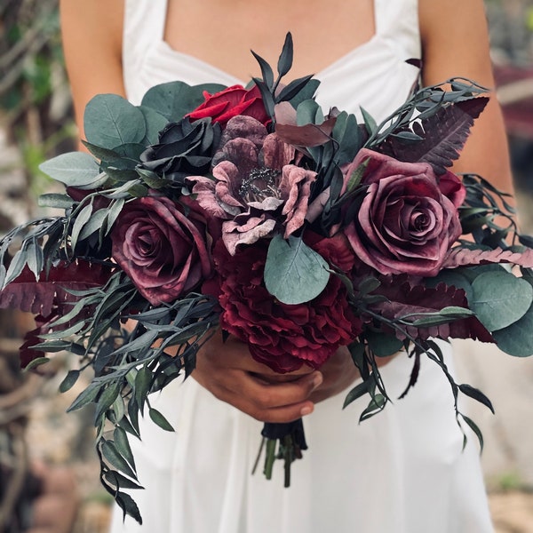 Deep plum purple black red wedding bouquet | Jewel- tone wedding | Moody Wedding Silk flowers | Black cascading bouquet