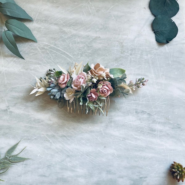 Dried flower comb dusty blush pink whit floral hair comb wedding