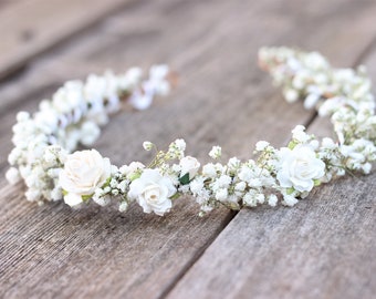 Babies Breath white flower crown, First communion flower crown, Flower Girl Ivory Preserved Crown